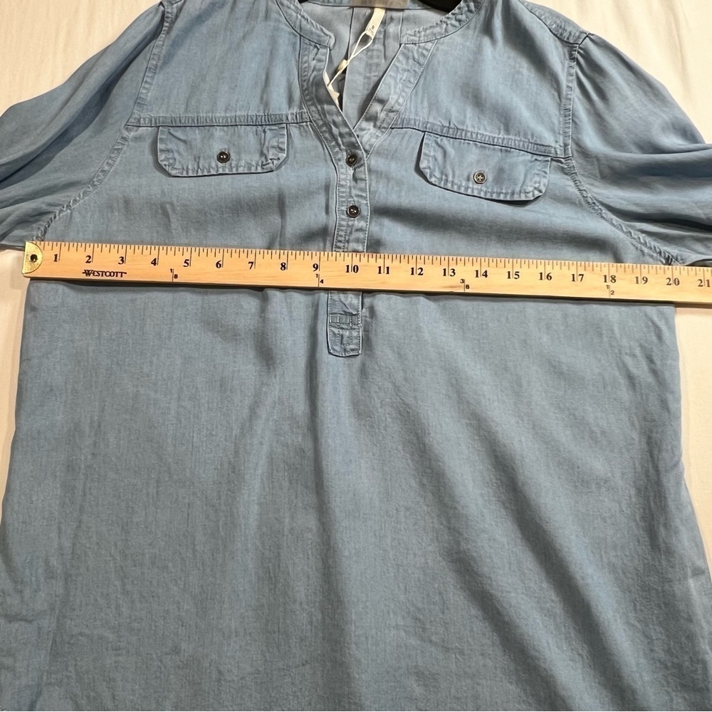 Hester & Orchard Women’s Shirt Tencel Button Slit Neck Blue Fringe Hem Small - Picture 13 of 16